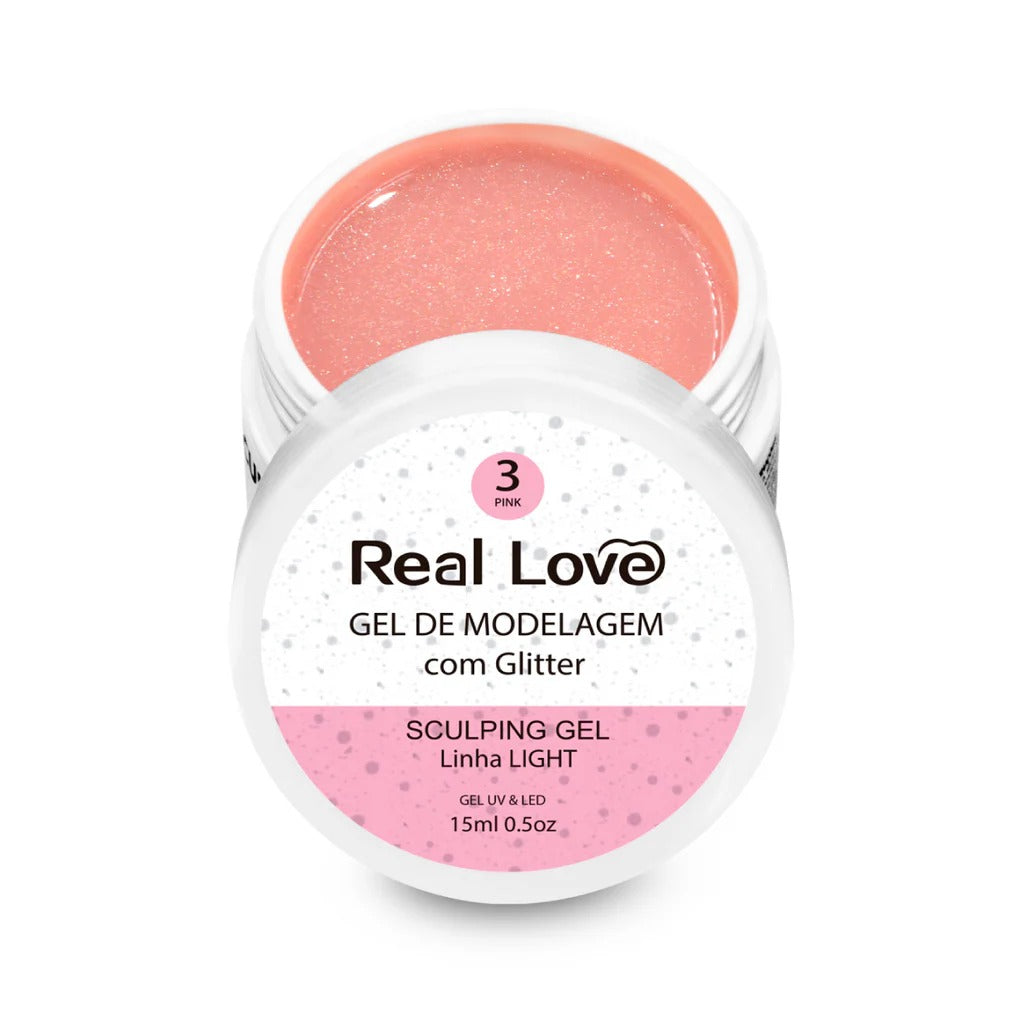 GEL REAL LOVE COM GLITER 3 PINK 15ML INVILA - Tudo para unhas em gel