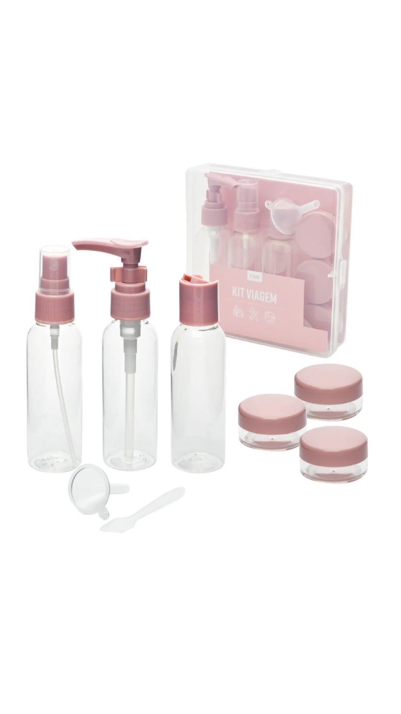 KIT DE FRASCOS ORGANIZADOR PARA VIAGEM 9 PEÇAS COM CASE COR: ROSA INVILA - Tudo para unhas em gel